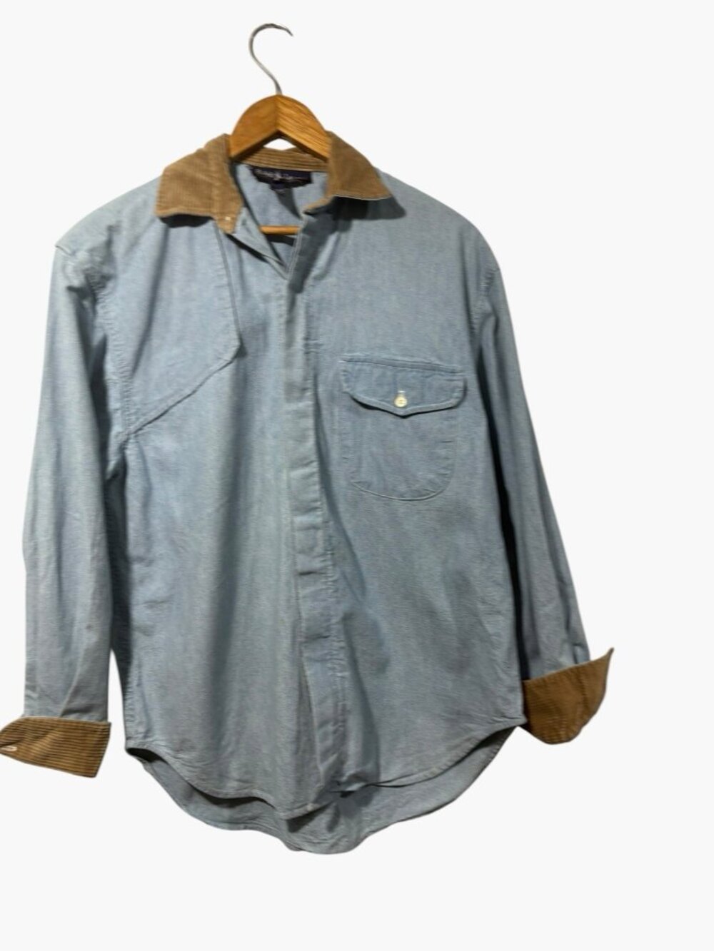 Ralph Lauren Womens Sz 6 Vtg Chambray Denim Button Shirt Corduroy Collar & Cuffs